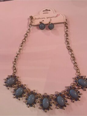 Blue Floral Statement Necklace and Stud Earrings
